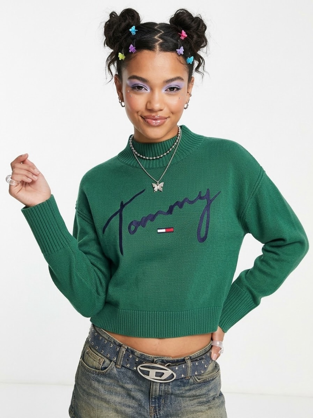 Y2K Tommy Mock Neck Drop Shoulder Sweater Forest Green Preppy Collegiate Retro
